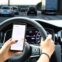 Woman sending message from a smartphone while driving a car Woman sending message from a smartphone while driving a car